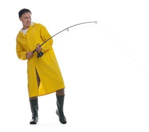 Photo of Fisherman with rod fishing on white background