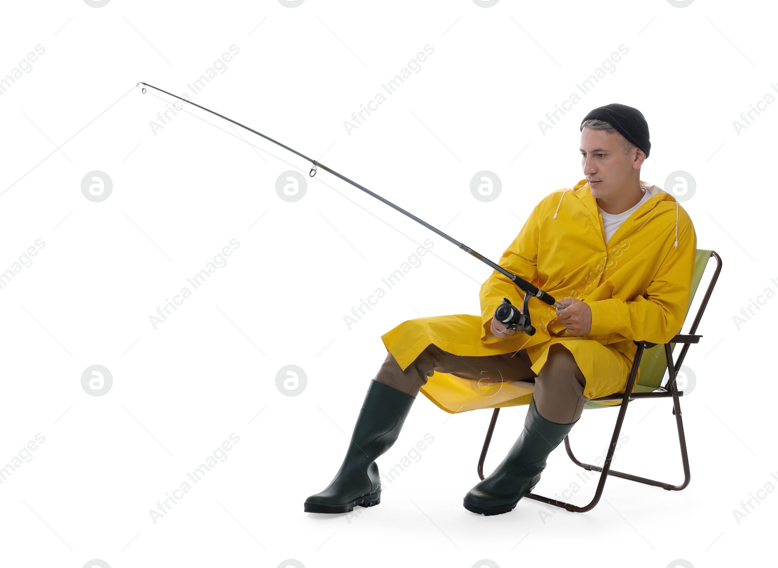 Photo of Fisherman with rod on fishing chair against white background