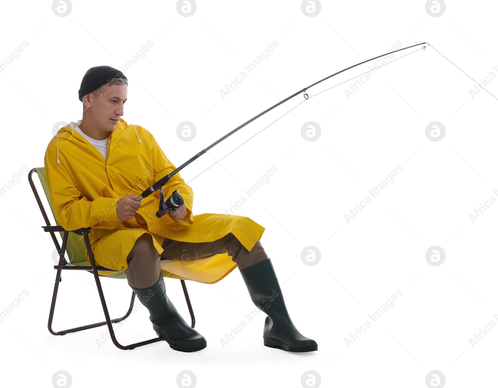 Photo of Fisherman with rod on fishing chair against white background