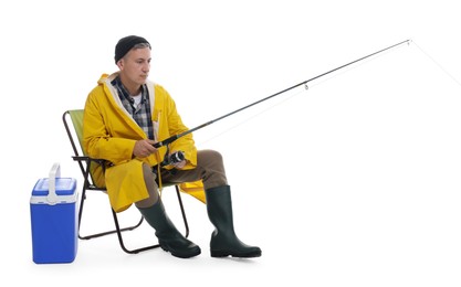 Photo of Fisherman with rod on fishing chair near cooler box against white background