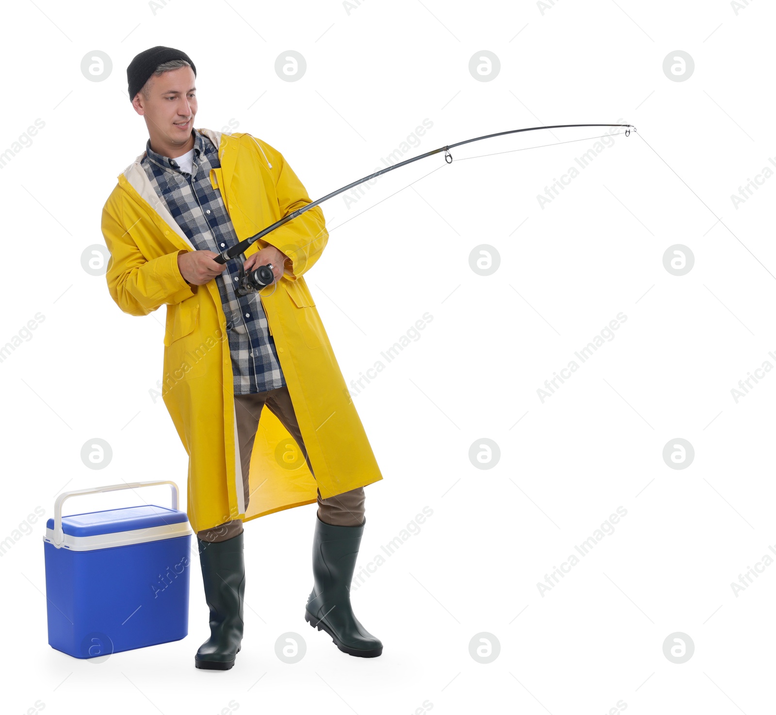 Photo of Fisherman with rod fishing near cooler box against white background