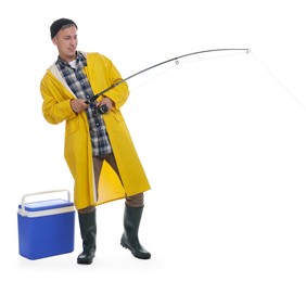 Fisherman with rod fishing near cooler box against white background