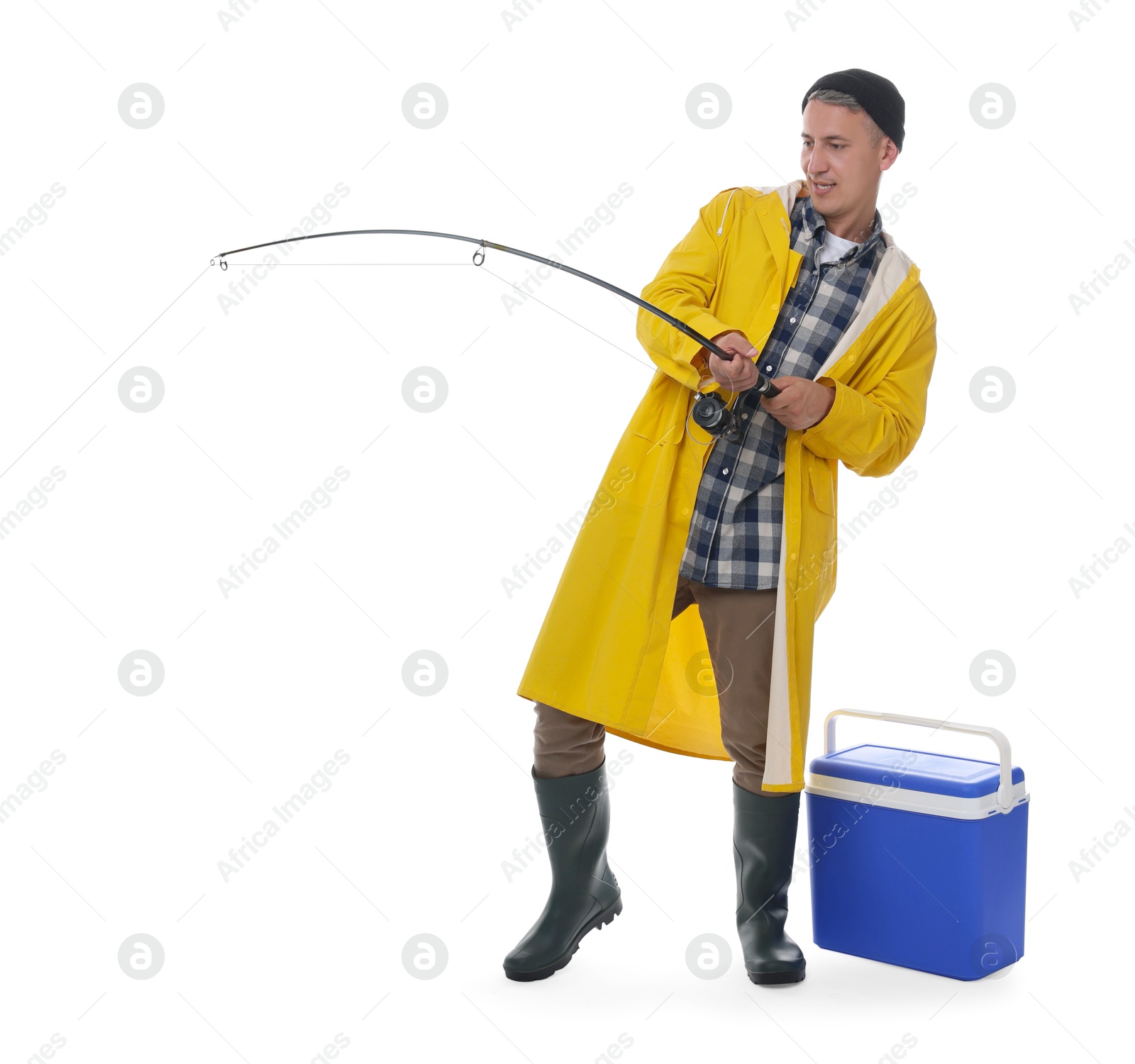 Photo of Emotional fisherman with rod fishing near cooler box against white background