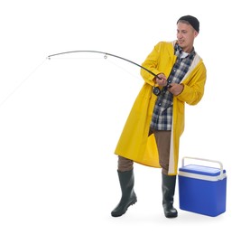 Photo of Emotional fisherman with rod fishing near cooler box against white background