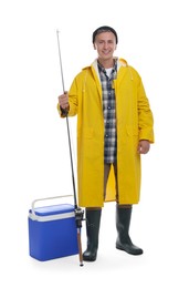 Photo of Smiling fisherman with rod near cooler box on white background