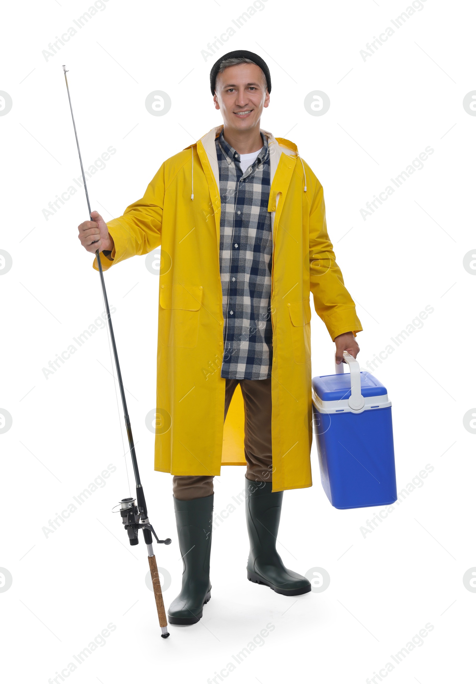 Photo of Smiling fisherman with rod and cooler box on white background