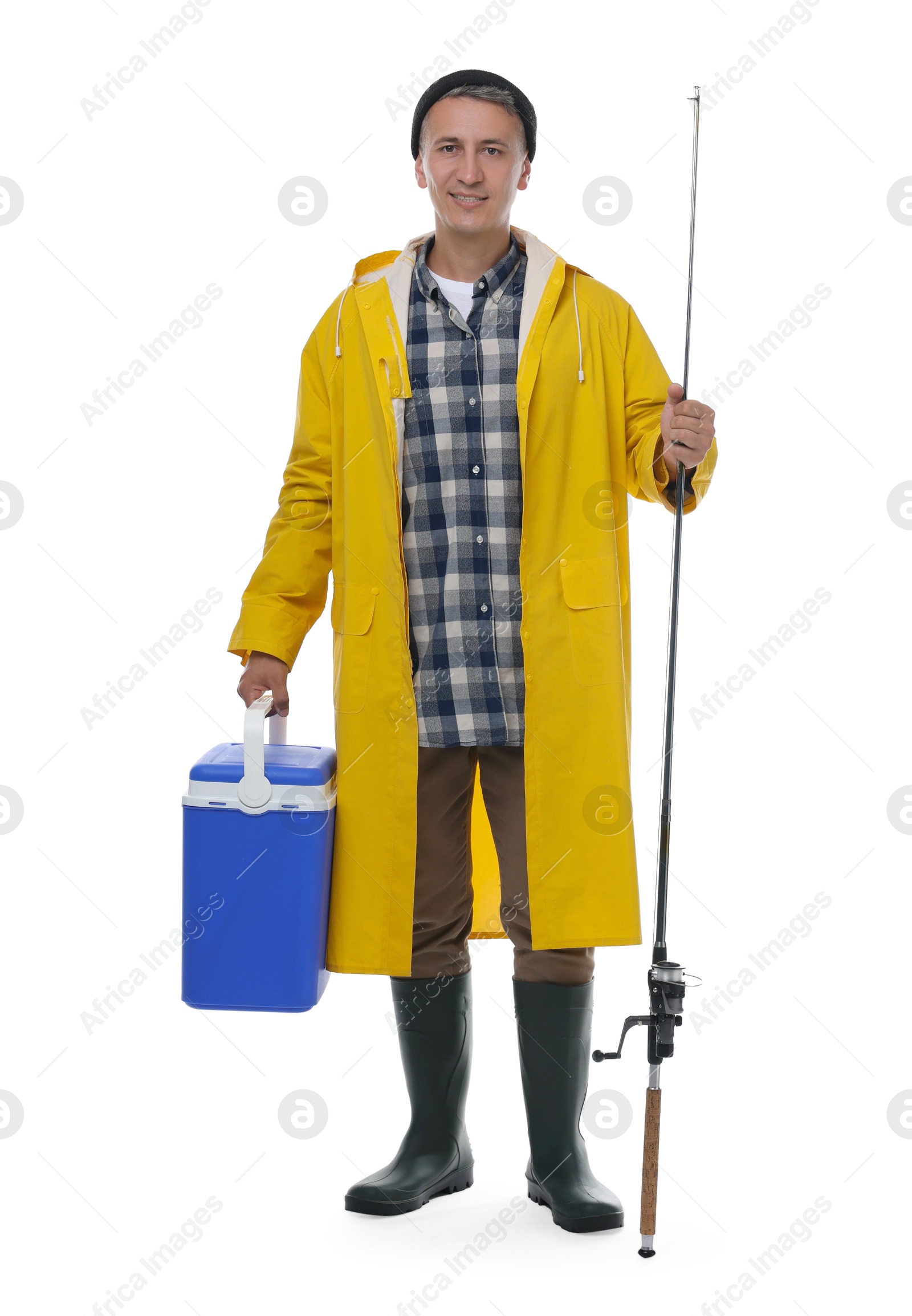 Photo of Smiling fisherman with rod and cooler box on white background