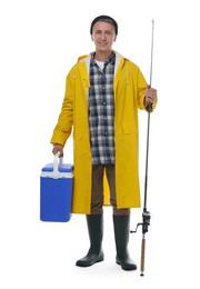 Photo of Smiling fisherman with rod and cooler box on white background