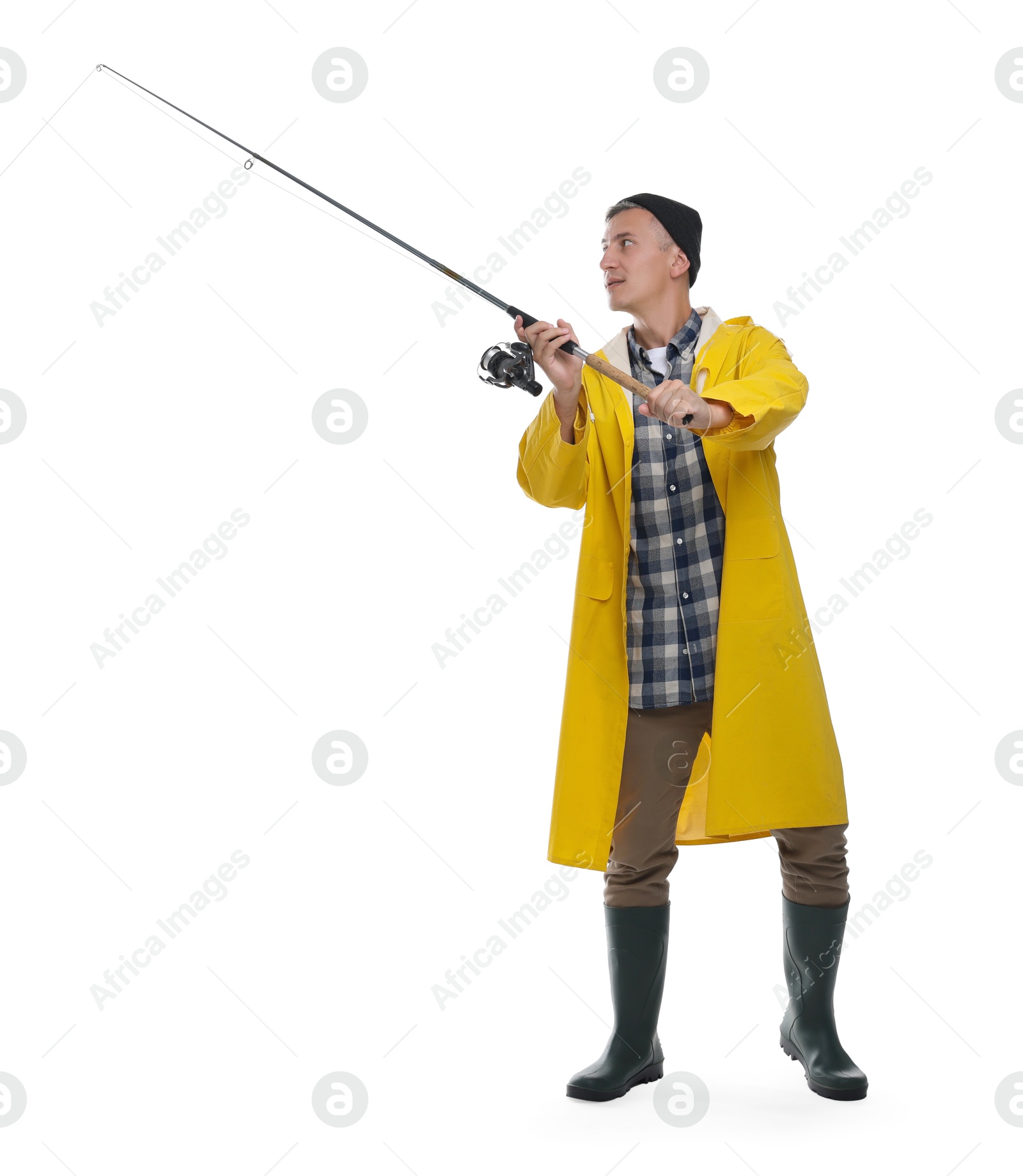 Photo of Fisherman with rod fishing on white background