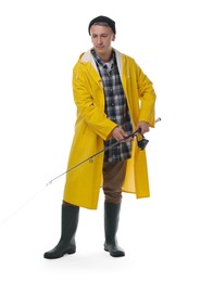 Photo of Fisherman with rod fishing on white background