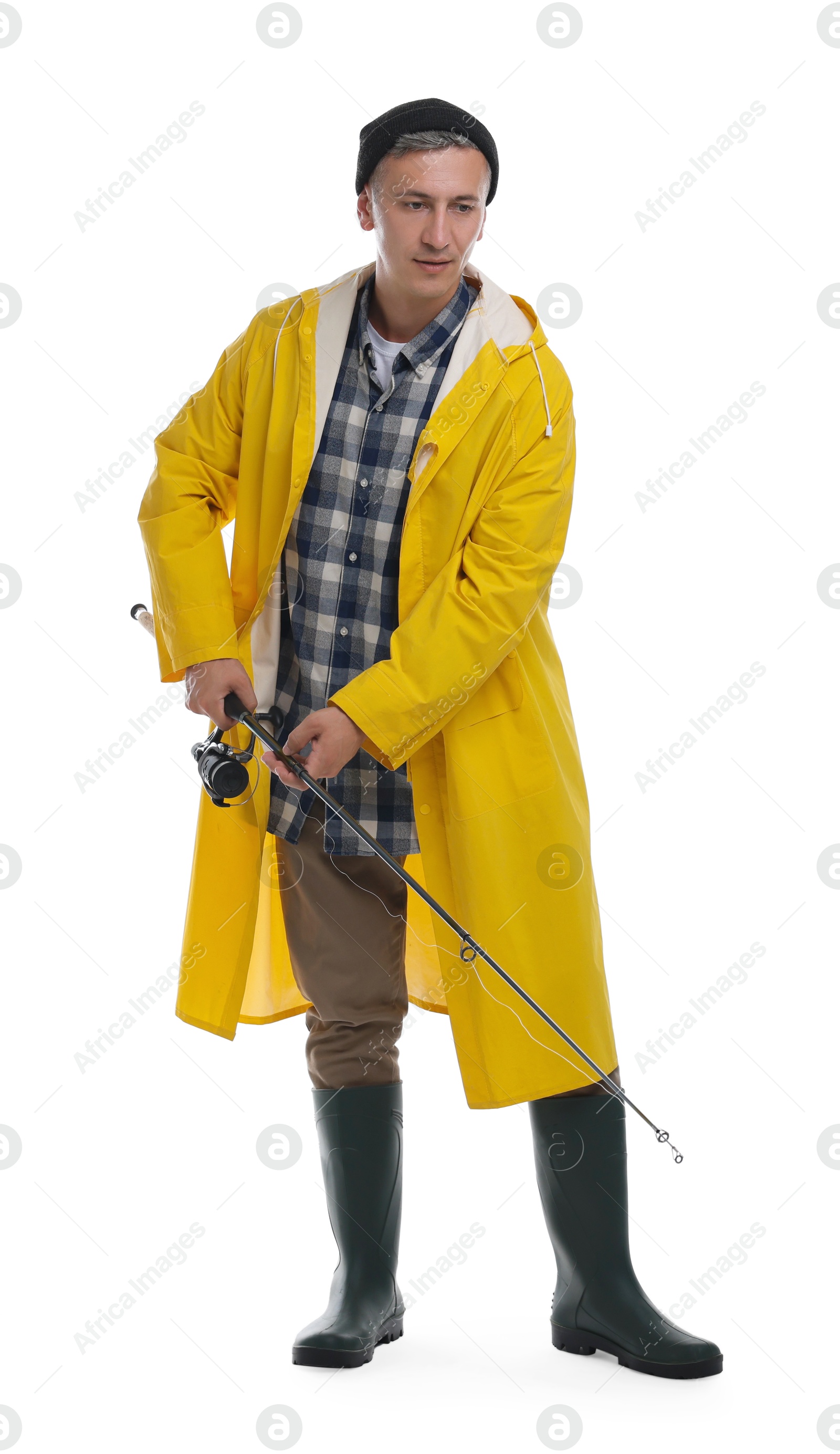 Photo of Fisherman with rod fishing on white background