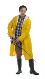 Photo of Fisherman with rod fishing on white background