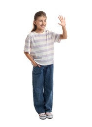 Cute girl waving hello on white background