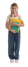 Photo of Girl with backpack and books on white background