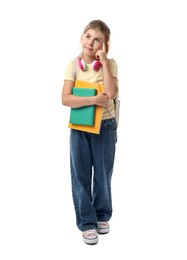 Photo of Girl with backpack and books on white background