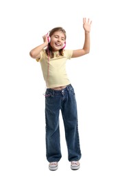 Photo of Cute girl listening to music on white background