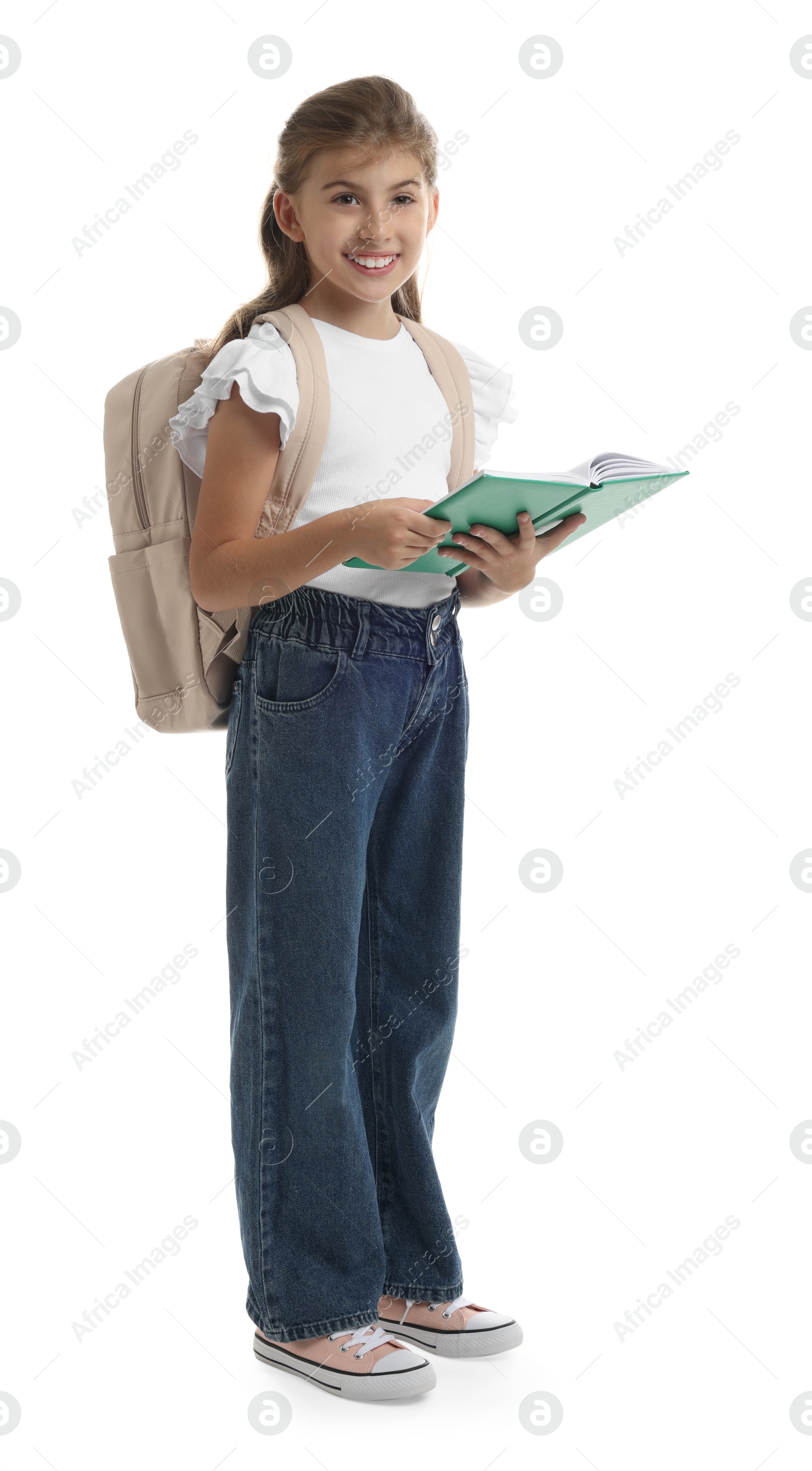 Photo of Girl with backpack and book on white background