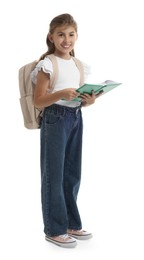 Girl with backpack and book on white background