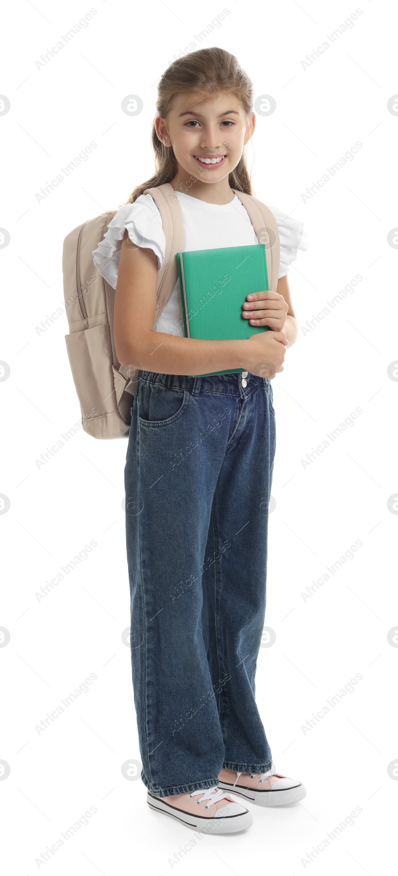 Photo of Girl with backpack and book on white background