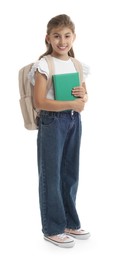 Photo of Girl with backpack and book on white background