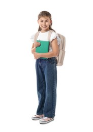 Photo of Girl with backpack and book on white background