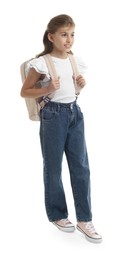 Photo of Positive girl with backpack on white background