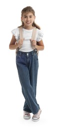 Positive girl with backpack on white background