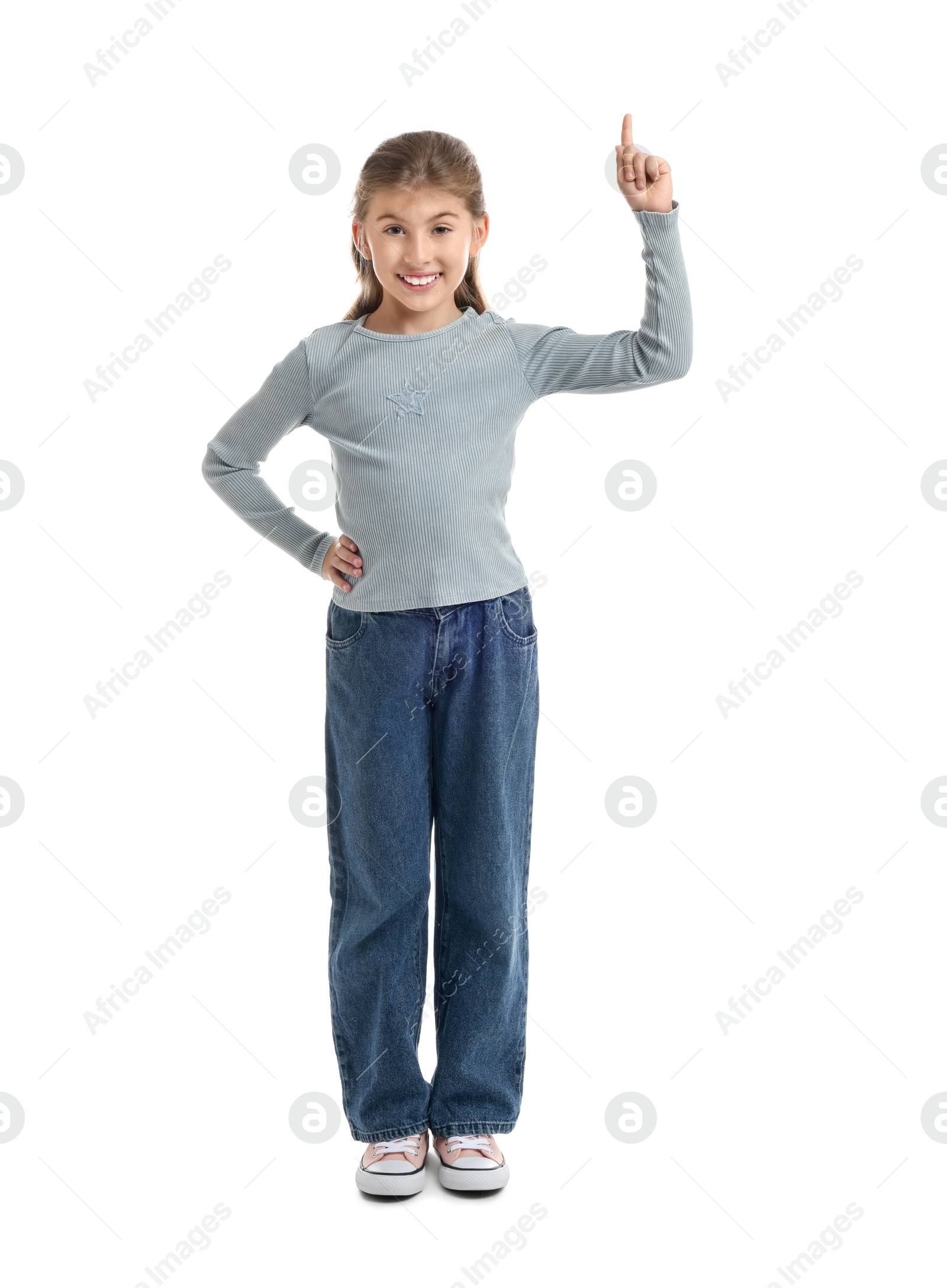 Photo of Full length portrait of cute girl on white background