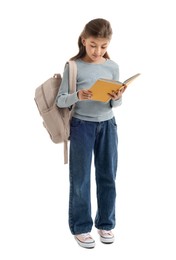 Photo of Girl with backpack and book on white background