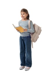 Photo of Girl with backpack and book on white background