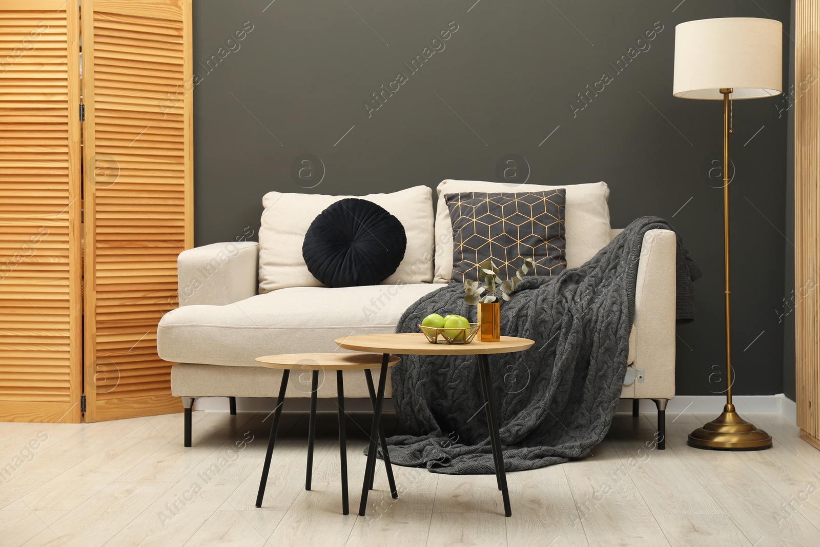 Photo of Comfortable sofa with plaid, coffee table and folding screen in stylish living room. Interior design