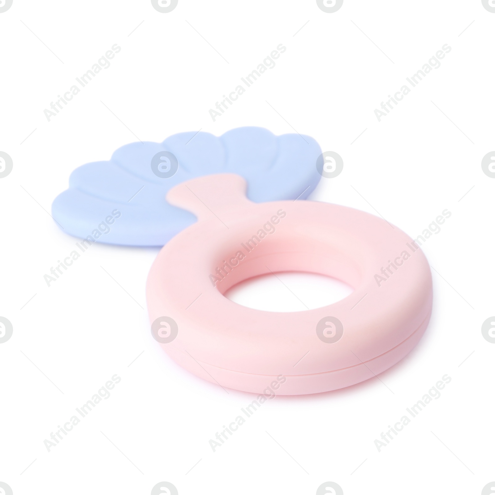 Photo of Colorful rattle isolated on white. Baby accessory