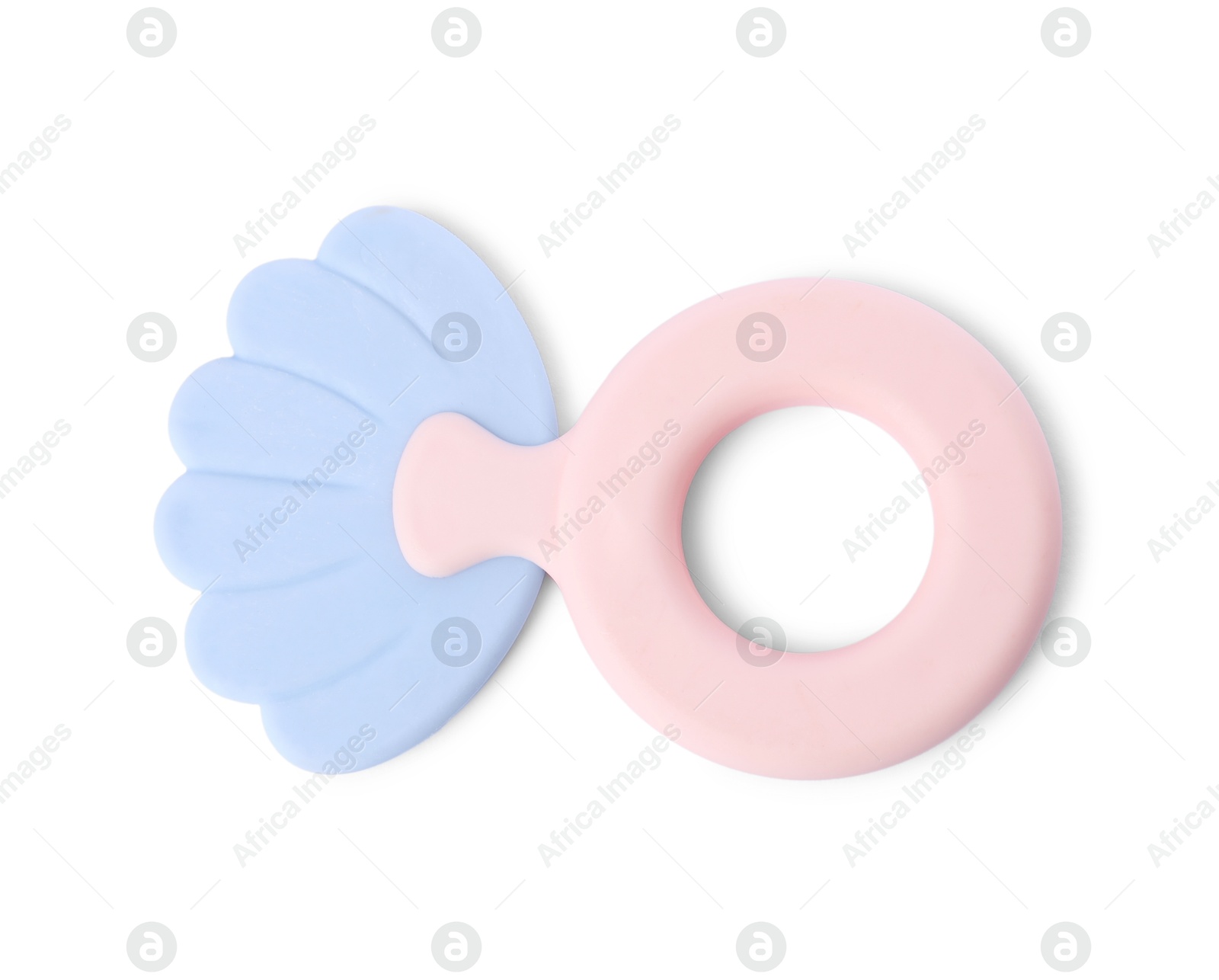 Photo of Colorful rattle isolated on white, top view. Baby accessory