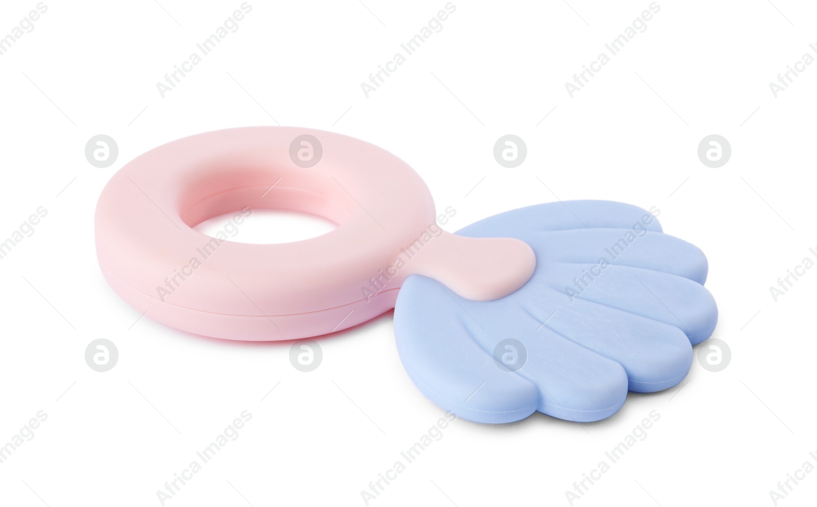 Photo of Colorful rattle isolated on white. Baby accessory