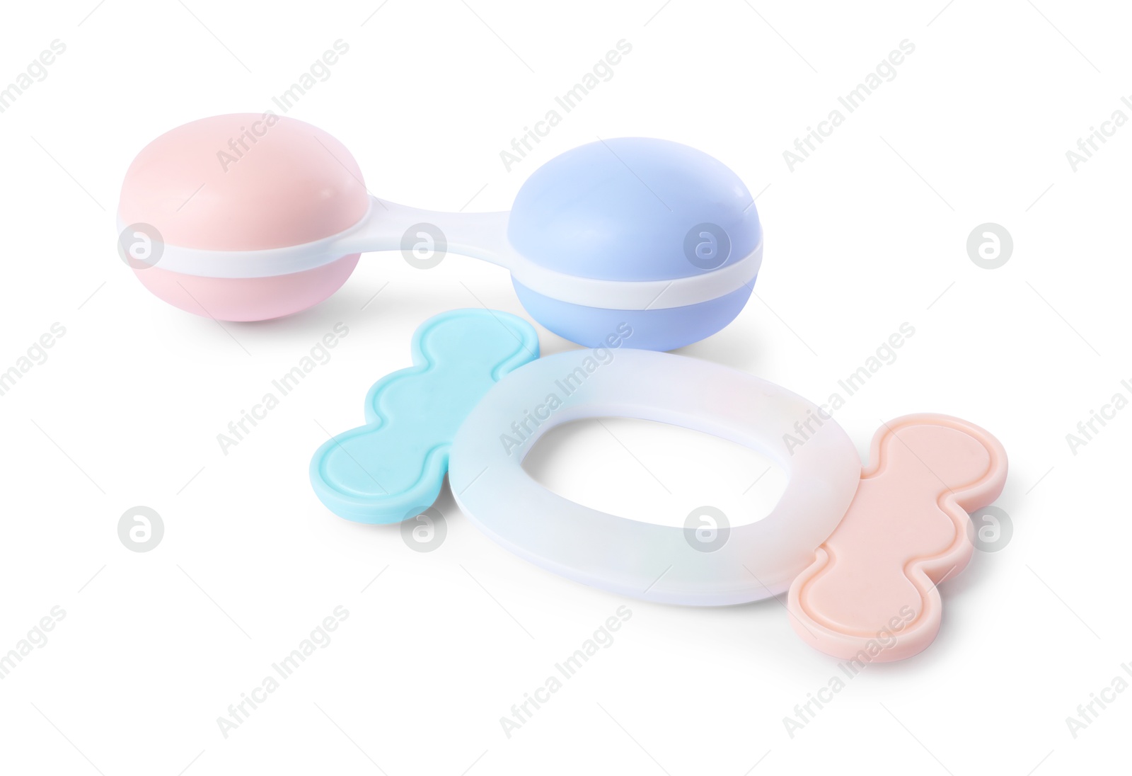 Photo of Colorful rattles isolated on white. Baby accessories