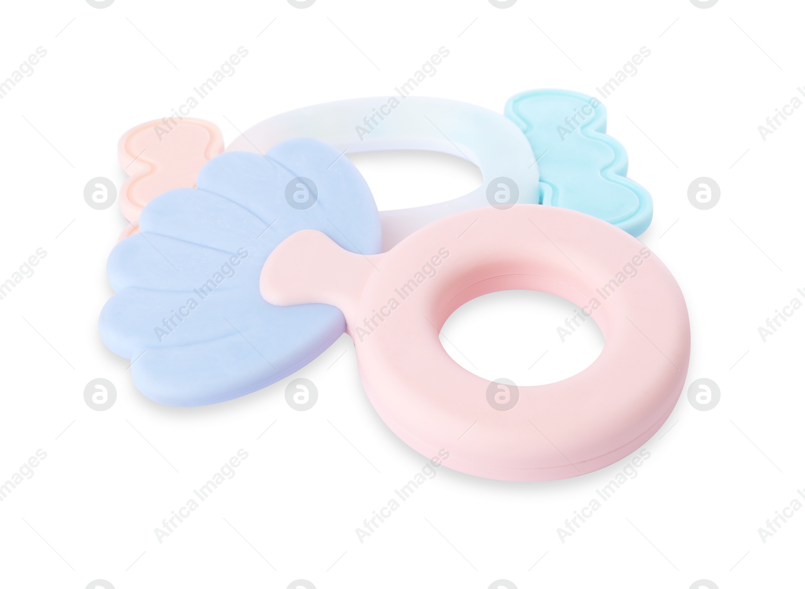 Photo of Colorful rattles isolated on white. Baby accessories