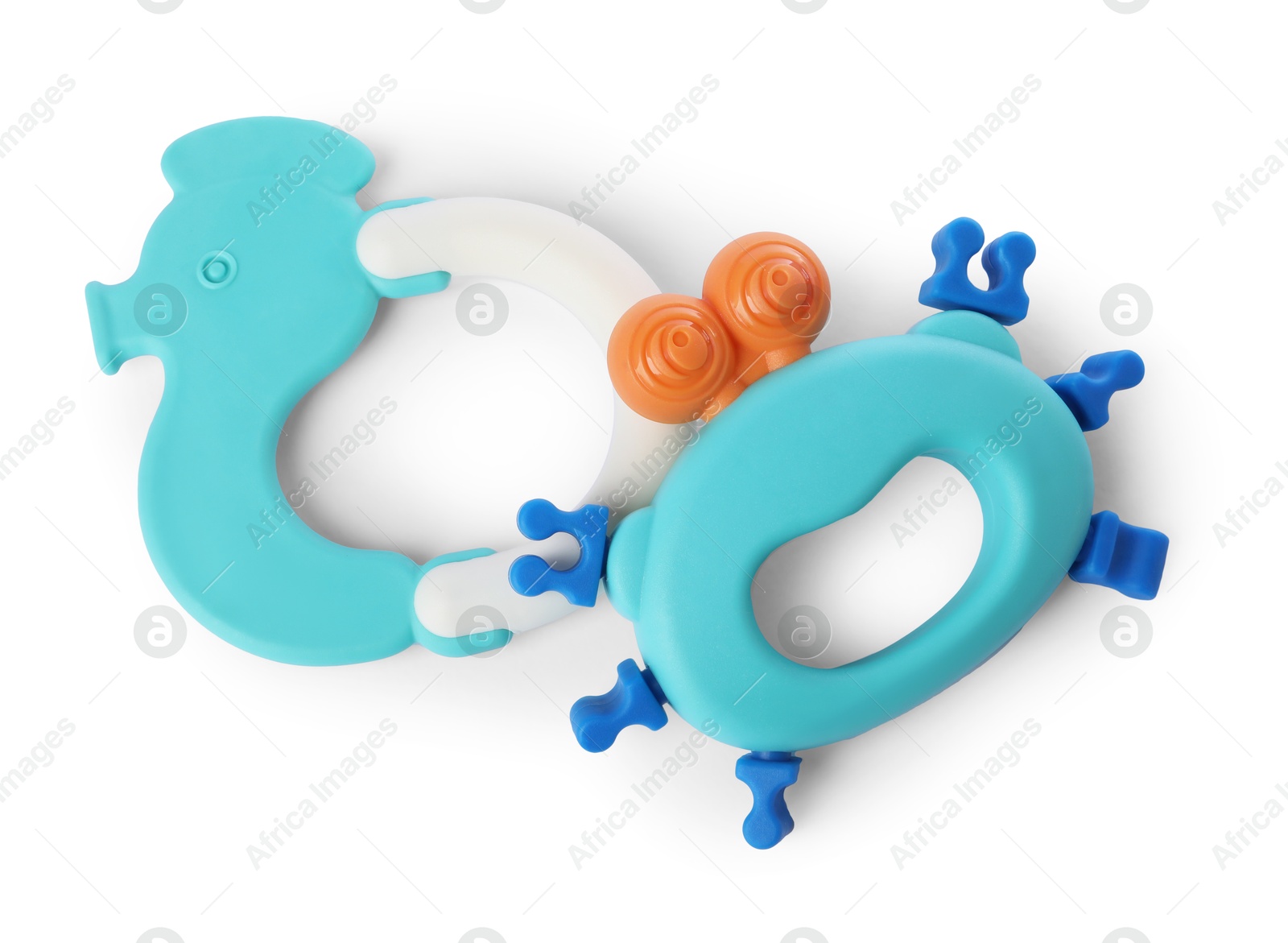 Photo of Colorful rattles isolated on white, top view. Baby accessories