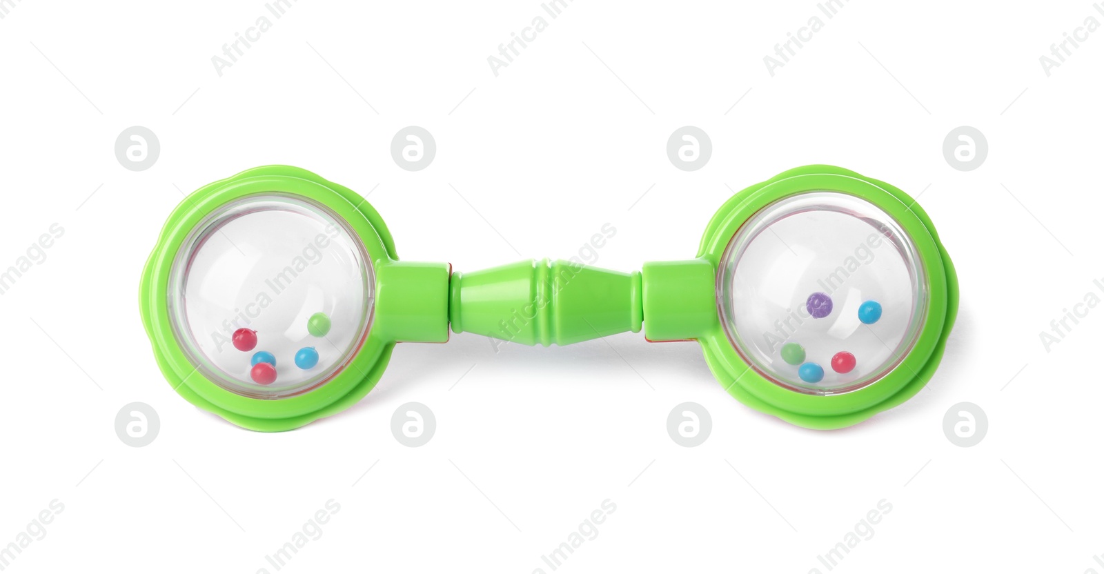 Photo of Colorful rattle isolated on white. Baby accessory