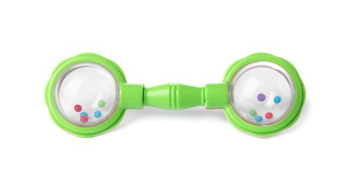 Photo of Colorful rattle isolated on white. Baby accessory