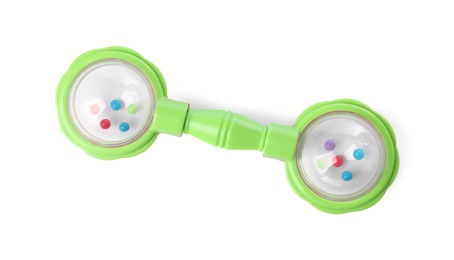 Colorful rattle isolated on white. Baby accessory