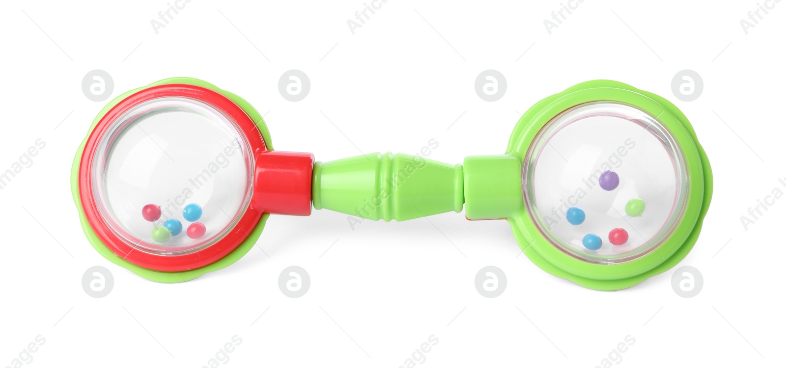 Photo of Colorful rattle isolated on white. Baby accessory