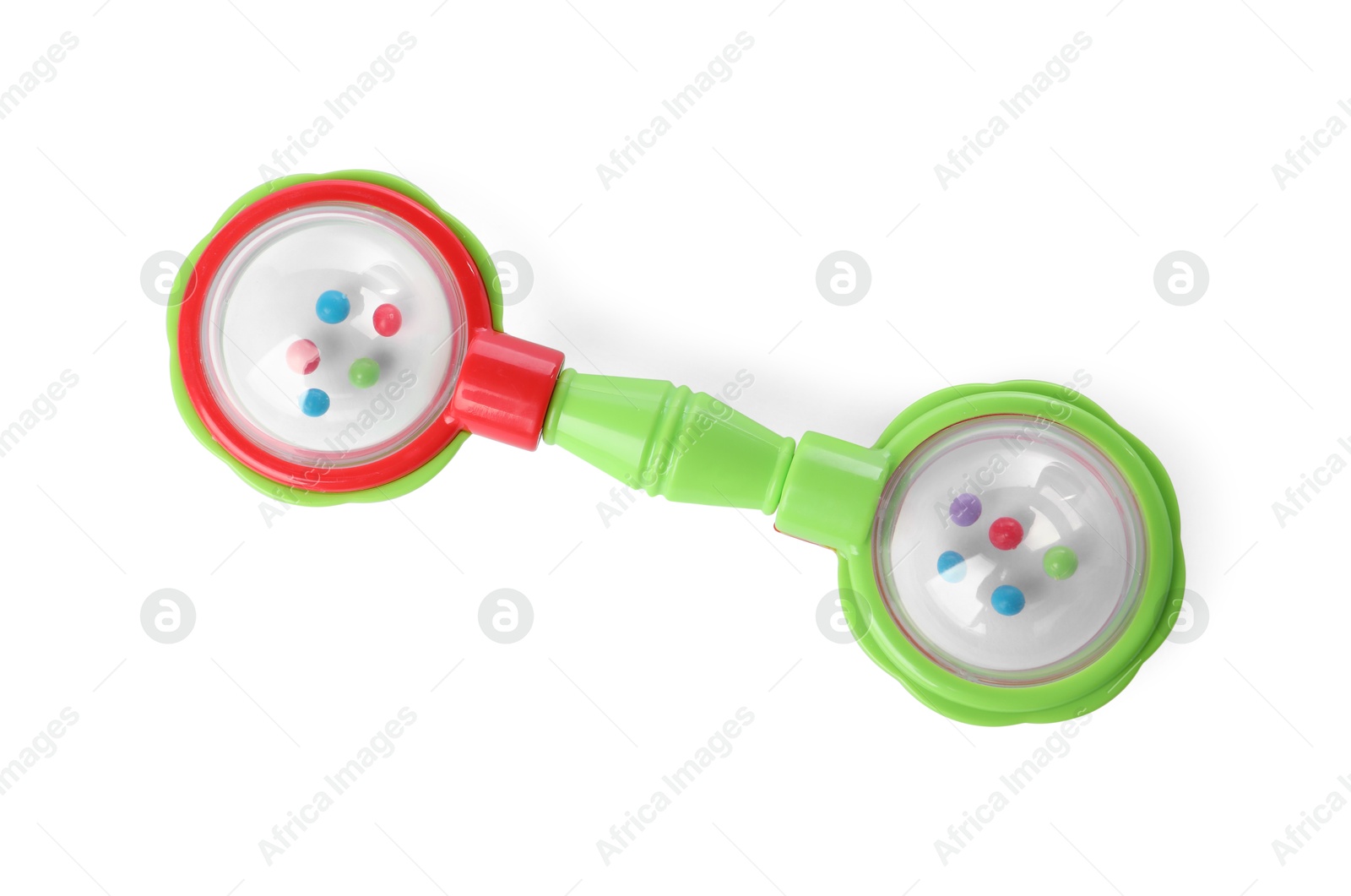 Photo of Colorful rattle isolated on white, top view. Baby accessory