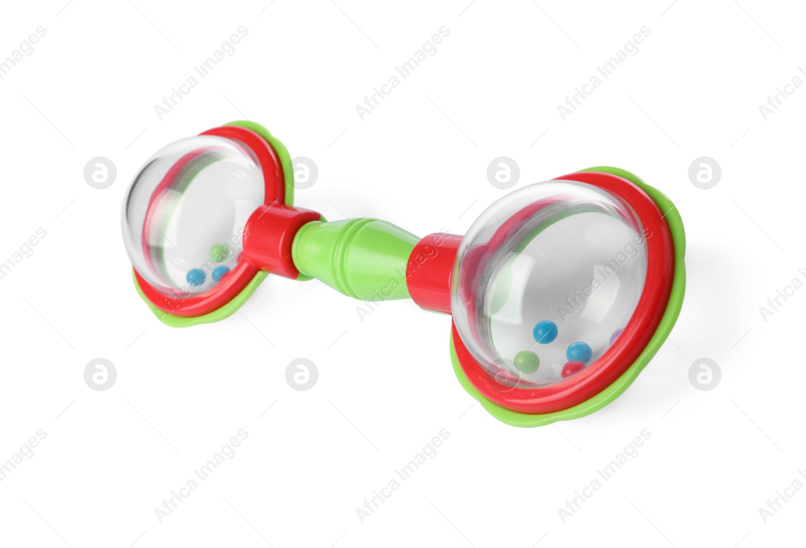 Photo of Colorful rattle isolated on white. Baby accessory