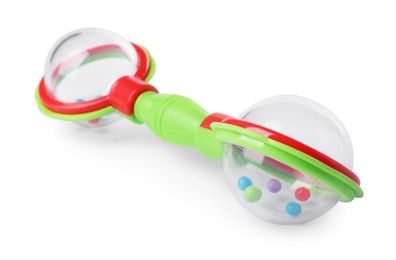 Colorful rattle isolated on white. Baby accessory