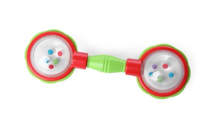 Photo of Colorful rattle isolated on white, top view. Baby accessory