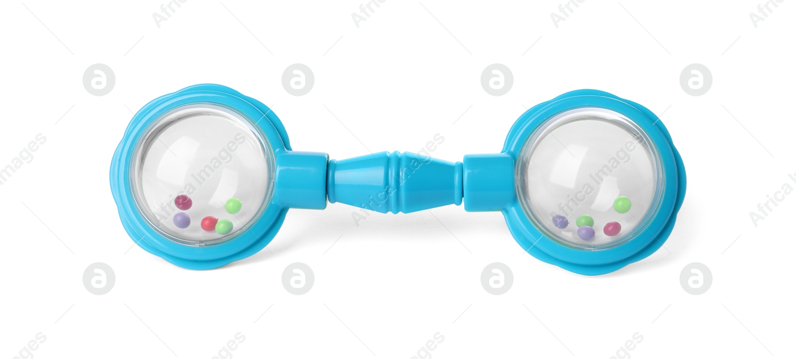 Photo of Colorful rattle isolated on white. Baby accessory