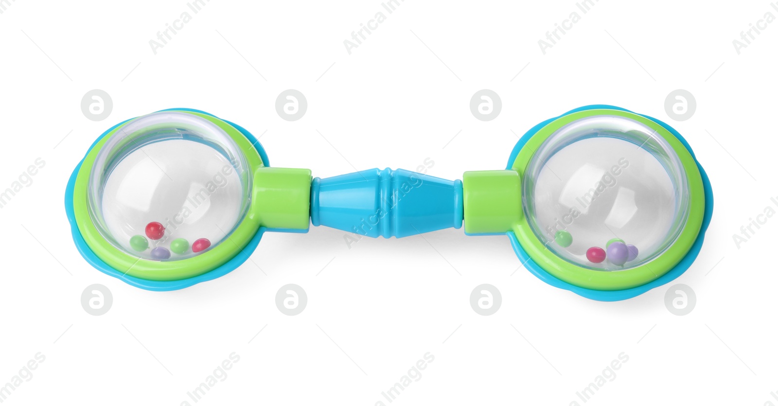 Photo of Colorful rattle isolated on white. Baby accessory