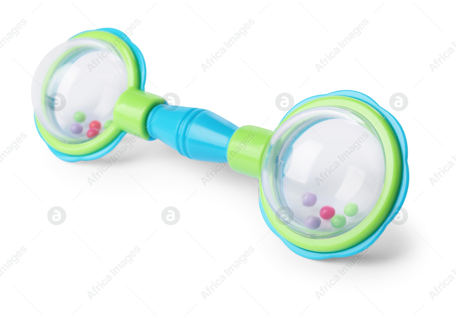 Photo of Colorful rattle isolated on white. Baby accessory