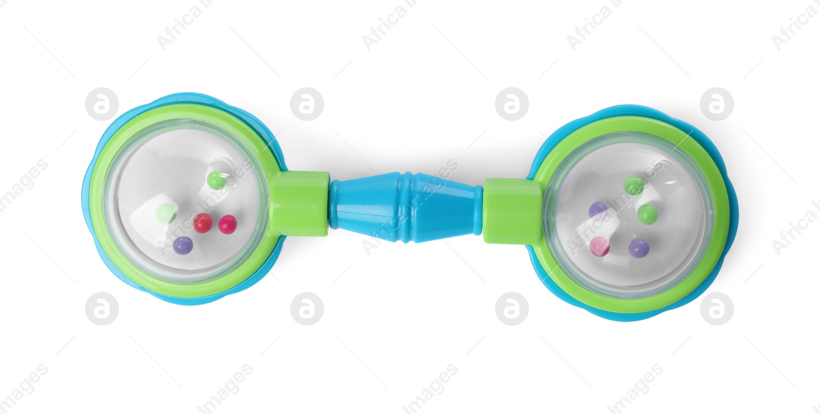 Photo of Colorful rattle isolated on white, top view. Baby accessory