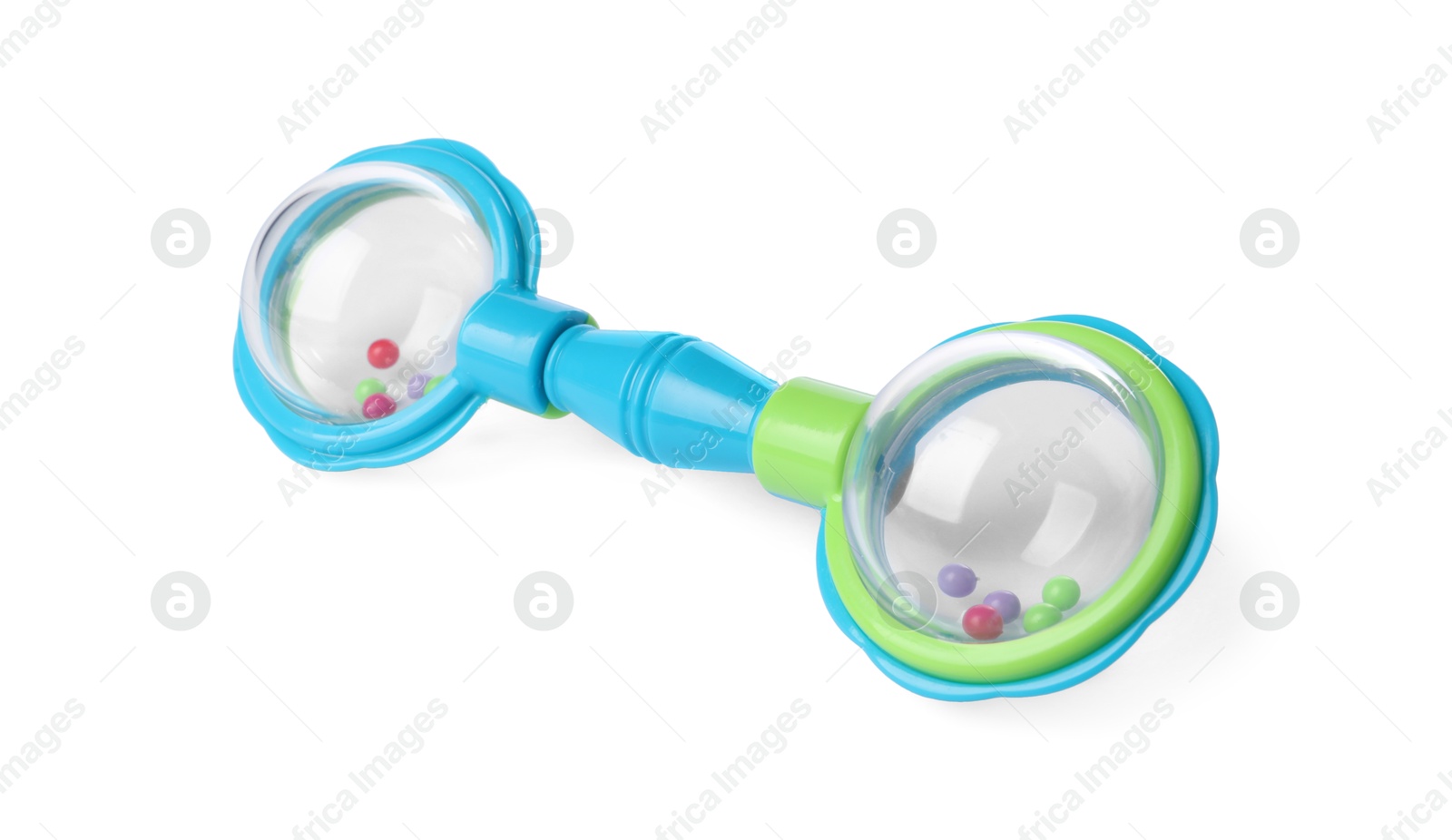 Photo of Colorful rattle isolated on white. Baby accessory